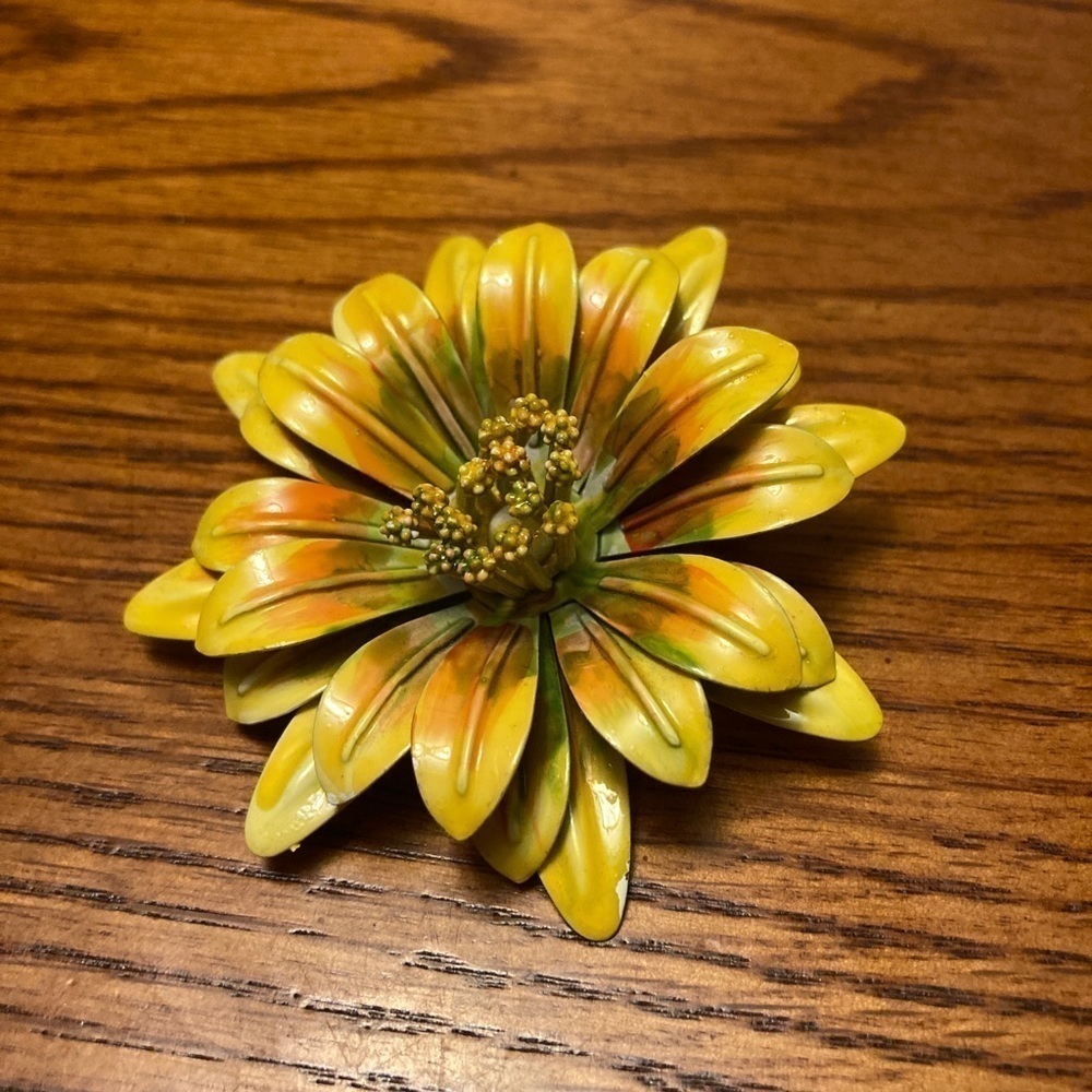 Vintage Large Enamel Sunflower Mum Brooch - Bold and Fun